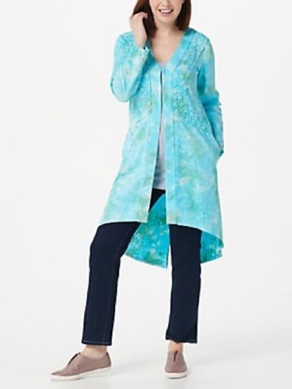 LOGO Lavish by Lori Goldstein Crochet Lace Hand Tie Dyed Duster